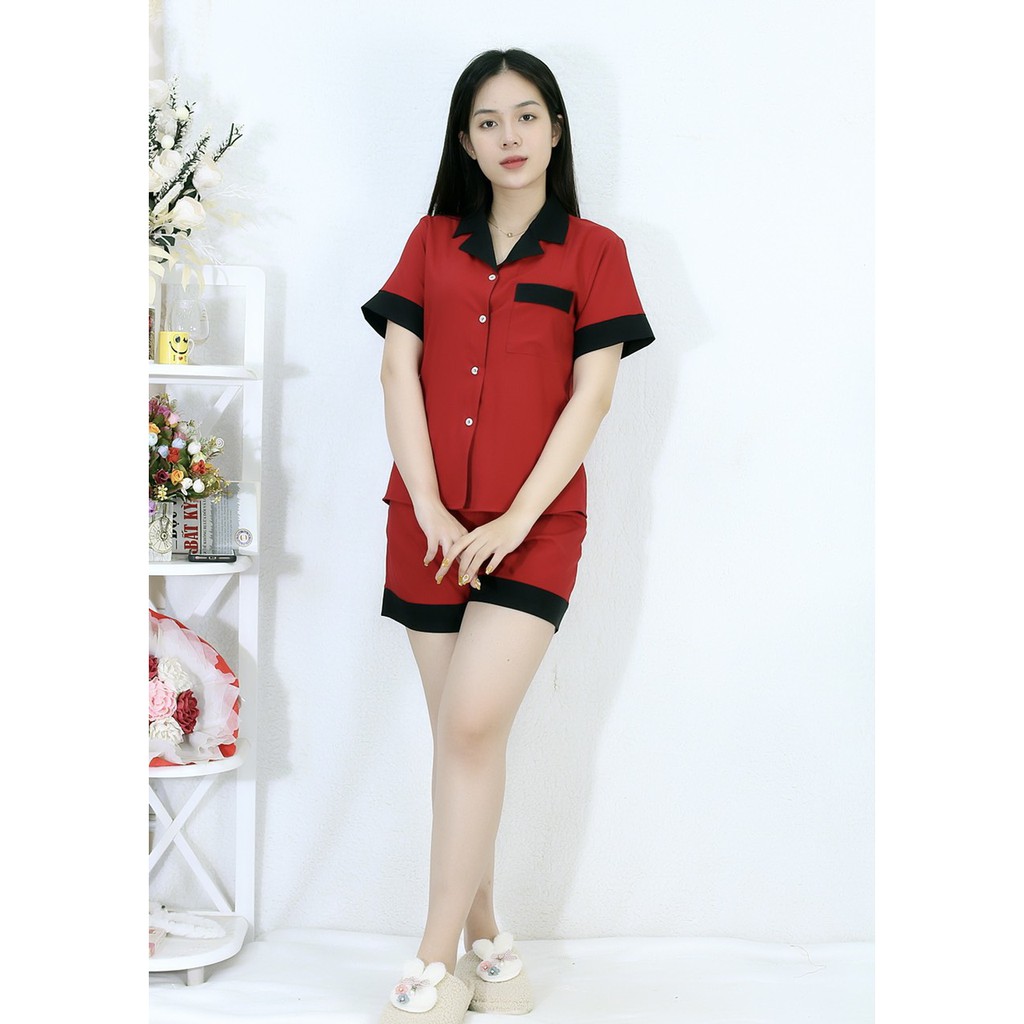 [HÌNH THẬT] Bộ đồ Pijama ngắn mặc nhà MÀU ĐỎ ĐÔ PHA CỔ ĐEN - Vải Siêu Lụa Cao Cấp - Mềm Mại Êm Ái