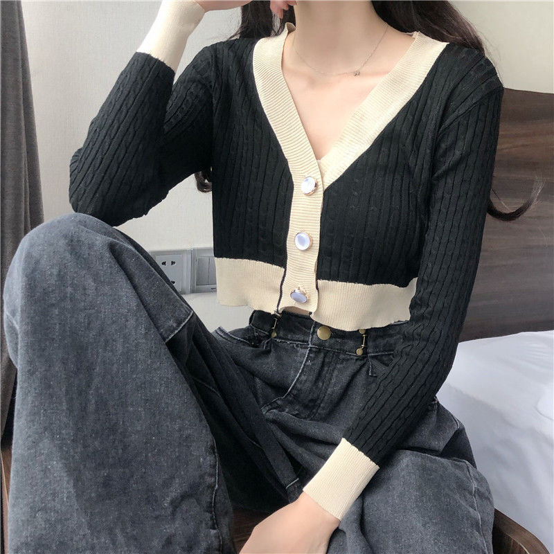 Áo Cardigan Dệt Kim Tay Dài Cổ Chữ V Màu Tương Phản Hợp Thời Trang Cho Nữ