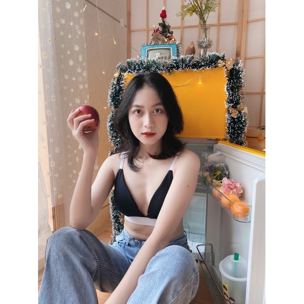 Set đồ lót thun gân cotton đen viền trắng - Dolce Bra - The Heidi- Hàng handmade | BigBuy360 - bigbuy360.vn