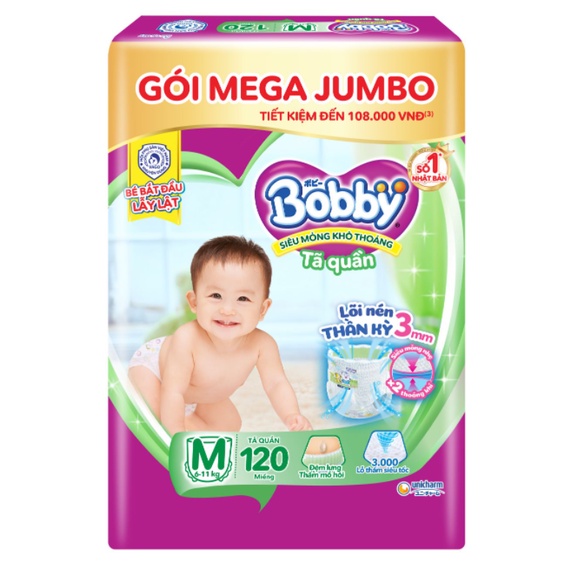 Tã bỉm quần Bobby gói Mega Jumbo M124/L120/XL96/XXL88