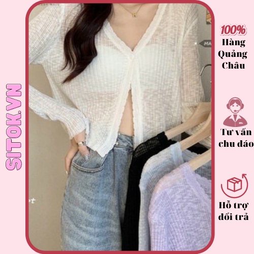 Áo cadigan croptop mỏng mùa hè khoác ngoài chất len dệt kim cổ chữ V hàng Quảng Châu