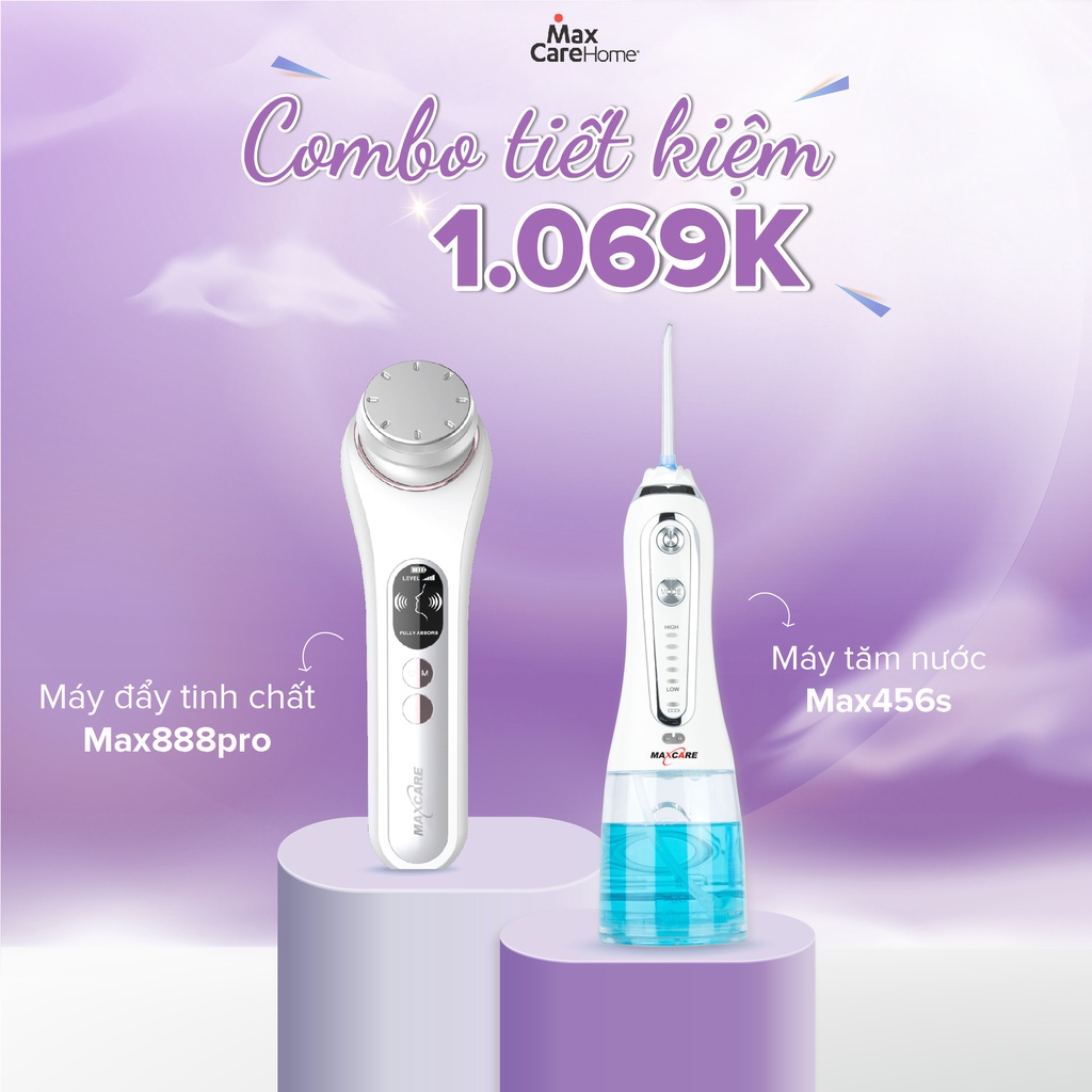 Máy tăm nước cầm tay làm sạch răng Max456S + Máy đẩy tinh chất ion nóng lạnh Max888PRO