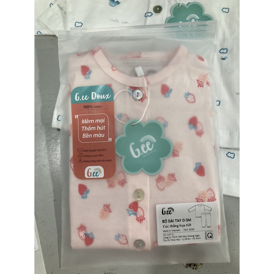 Bộ cotton sơ sinh dài tay Gee cài thẳng cho bé gái, mềm mịn, thấm hút