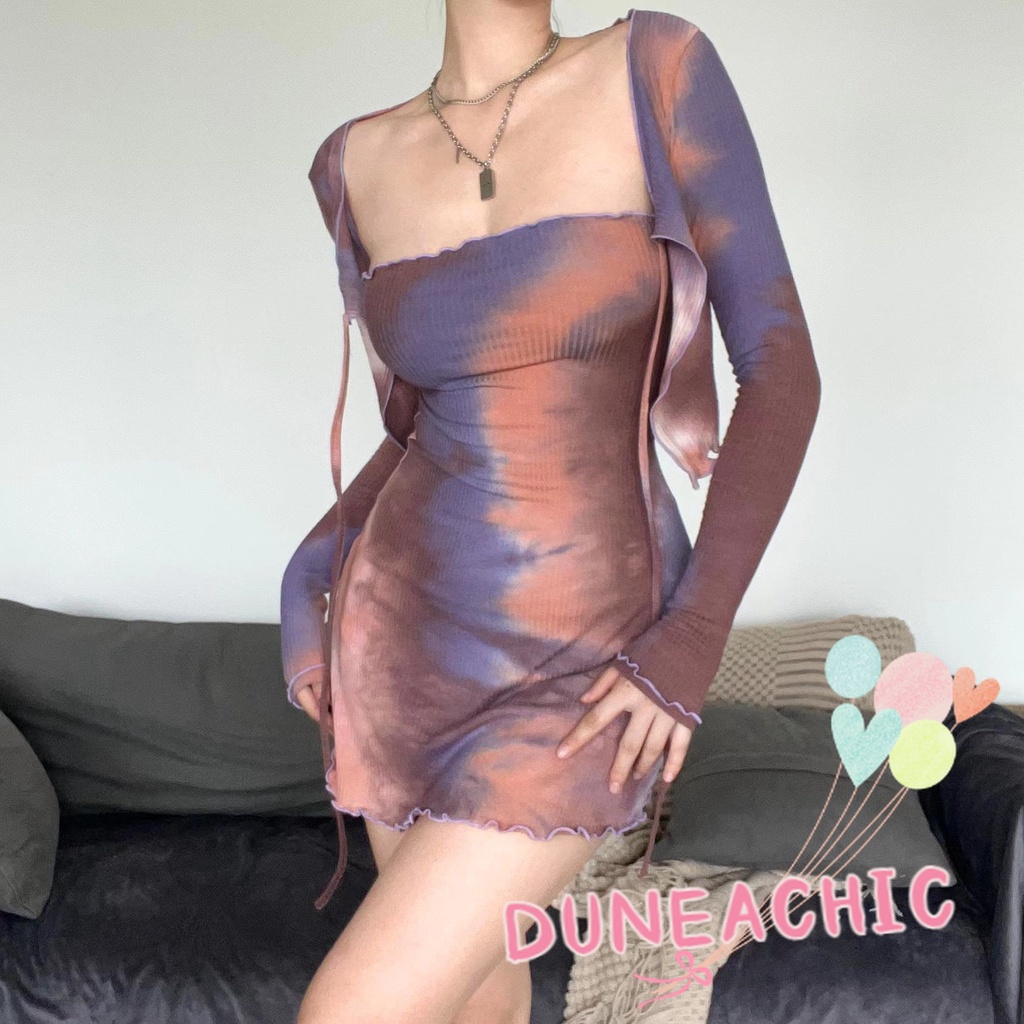 DUNEA Set đồ gồm đầm hai dây và áo khoác cardigan thời trang xinh xắn cho nữ