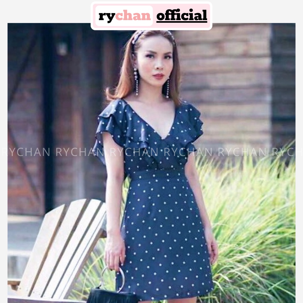 Đầm Váy Nữ Đi Biển Họa Tiết Chấm Bi Form Ngắn Cổ Tim Phối Bèo, Đầm Nữ Bo Eo Màu Xanh - DX9853