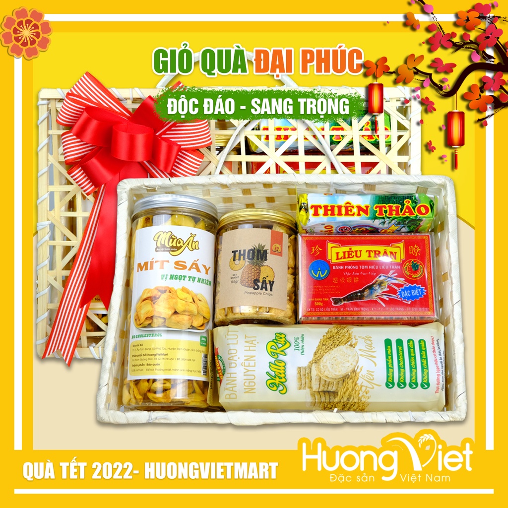 Giỏ quà đặc sản Miền Tây, kết hợp nhiều món đặt sản nổi tiếng Việt Nam ( Giỏ tre kết hợp cùng nơ vải handmade )