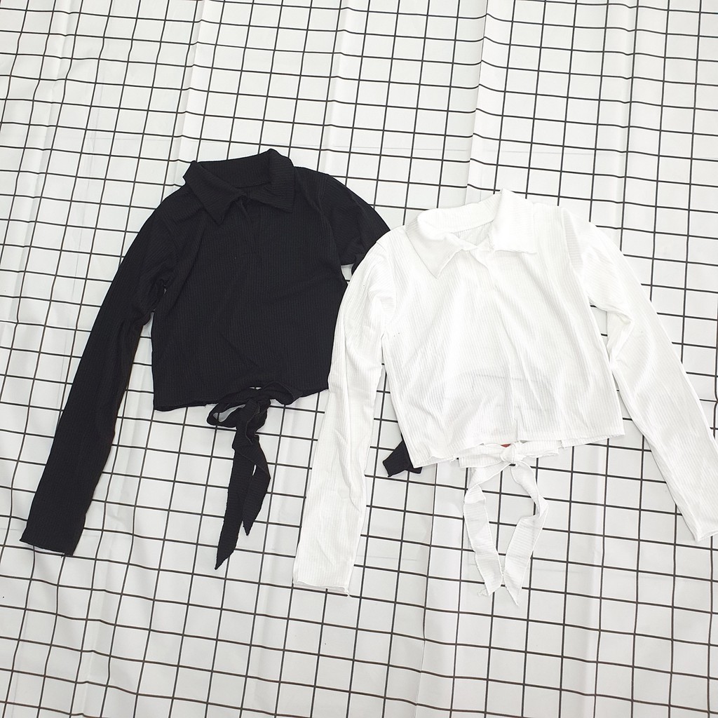Áo ôm tay dài, croptop, cổ V, hở lưng, phía sau cột dây quyến rũ, tay lửng, ÁO GÂN CỔ BẺ CỘT NƠ LƯNG