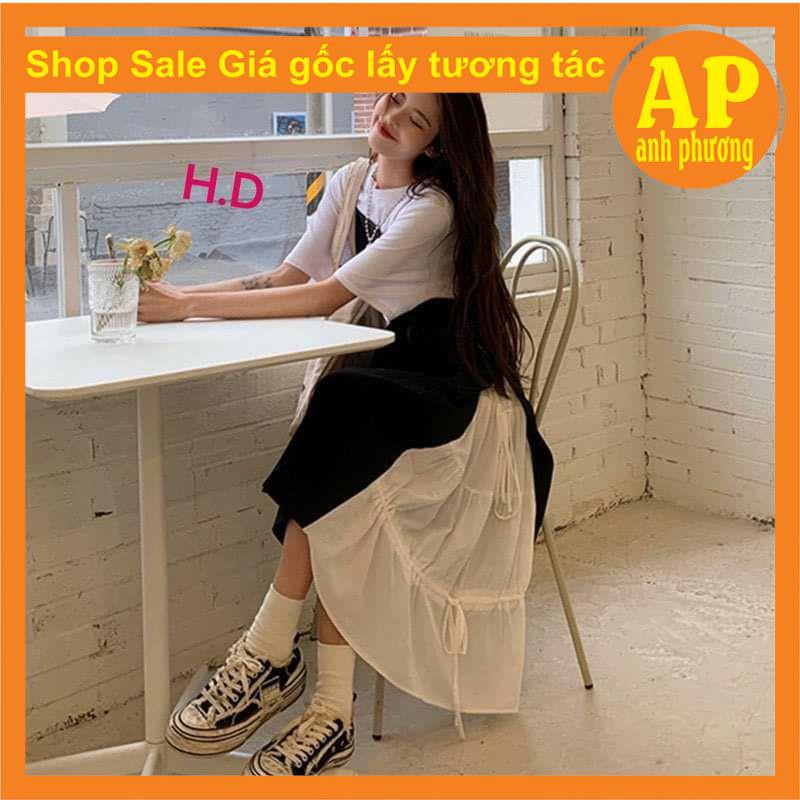 [Mã FAMAYWA2 giảm 10K đơn 50K] Sét Váy 2 dây đi biển buộc eo Vintage Tiểu thư + áo thun trắng phong cách Hàn Quốc | BigBuy360 - bigbuy360.vn