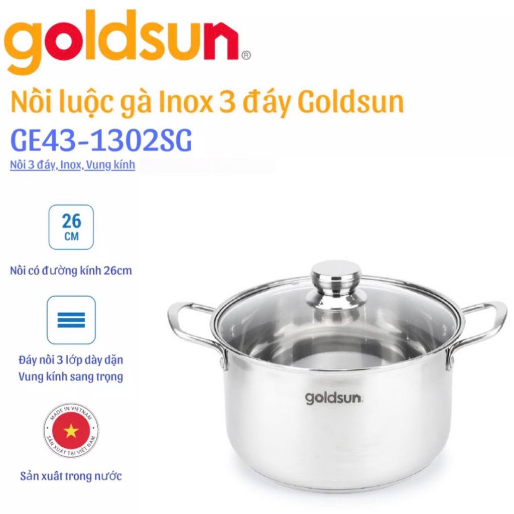 Nồi luộc gà inox Goldsun GE43-1302SG size 26-28-30cm dùng cho tất cả loại bếp(TỪ, GA, HỒNG NGOẠI)