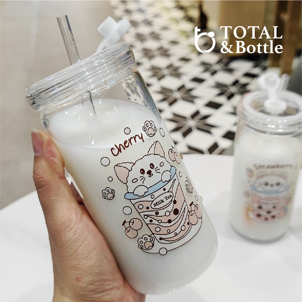 Bình thủy tinh dễ thương, bình uống trà sữa họa tiết hoạt hình vui nhộn có ống hút 450mL - Total Bottle
