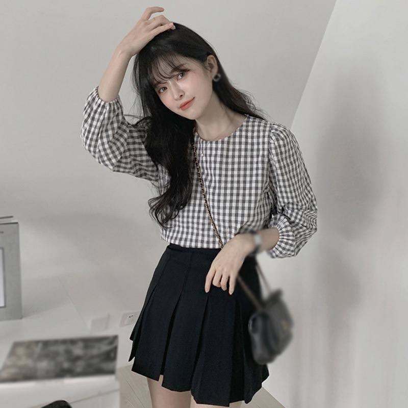 Áo Sơ Mi Nữ Áo Nữ Tay Dài Cổ Tròn Họa Tiết Caro Thời Trang Quyến Rũ