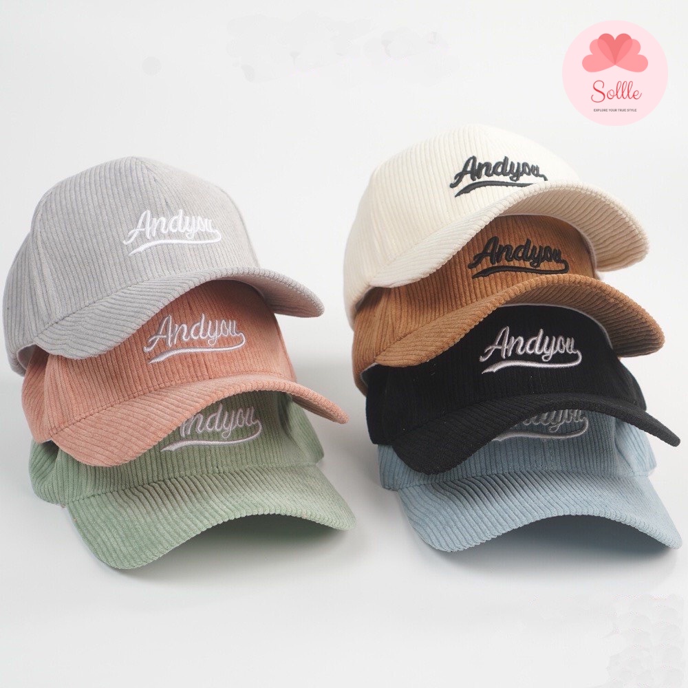 Mũ lưỡi trai nam nữ nỉ nhung gân thêu chữ Andyou, nón kết unisex phong cách Hàn Quốc Sollle