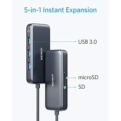 BỘ CHUYỂN/CHIA Anker USB-C Hub 5 TRONG 1, 3 CỔNG USB-A 5Gbps, ĐỌC THẺ SD &amp; Micro SD, NHẬP KHẨU MỸ, MỚI 100%