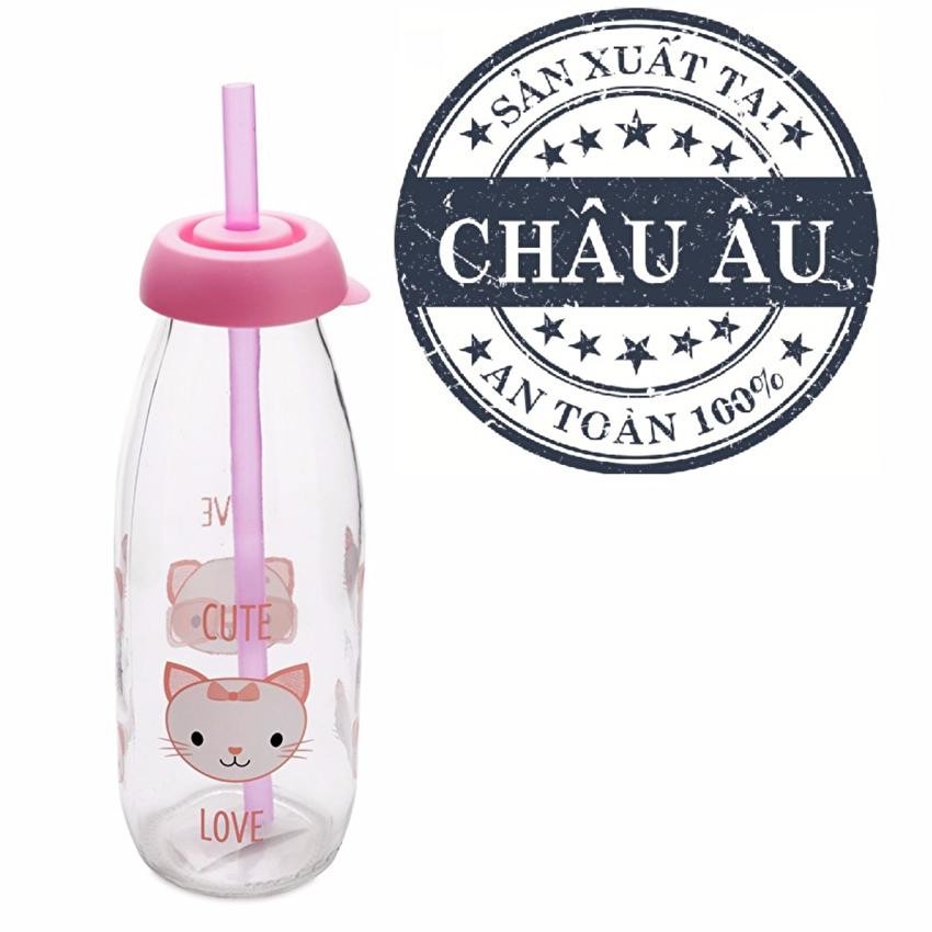 Chai Đựng Sữa Tươi Thủy Tinh Kèm Ống Hút HEREVIN 111714 - 500ml