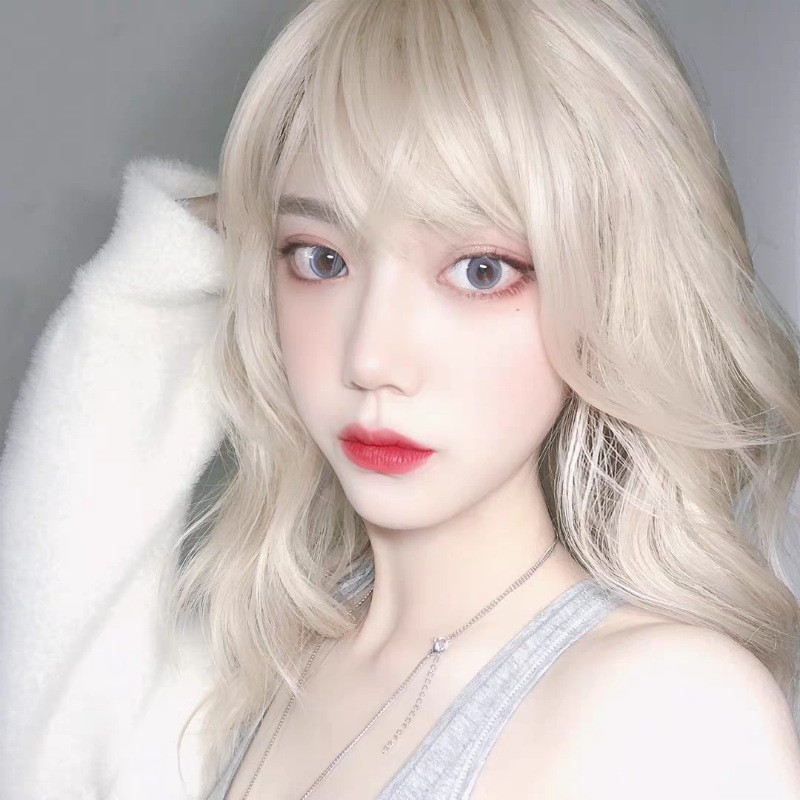 [759] Tóc Giả Xoăn Lửng Màu Vàng Be Sáng