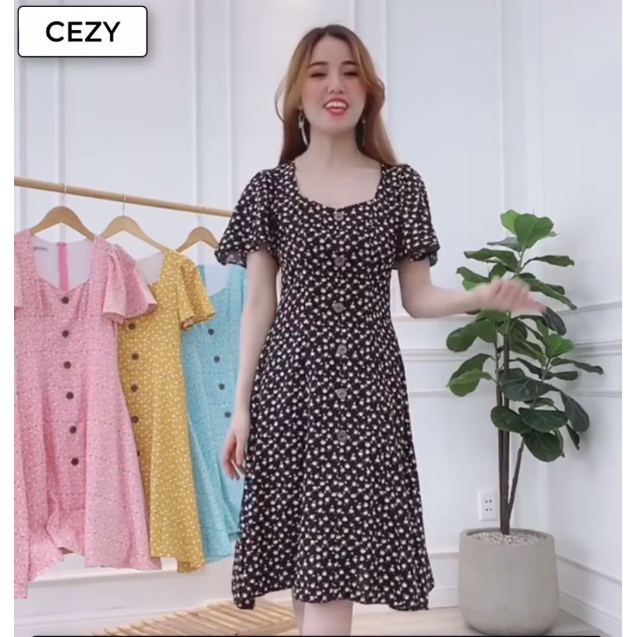 Đầm xòe hoa nút dọc phối tay cánh tiên có size bigsize CEZY D53