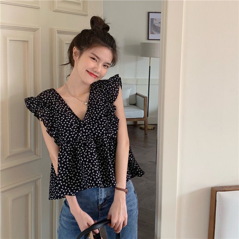 Áo Chiffon Sát Nách Cổ Chữ V Hoạ Tiết Hoa Cho Nữ