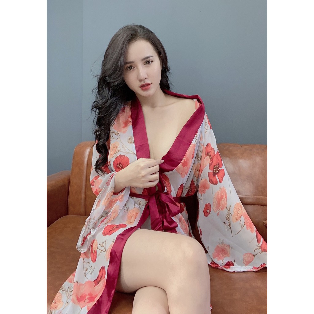 [Mã BMLT30 giảm đến 30K đơn 299K] Áo Choàng Ngủ Nữ SOJUN Vải Voan Phối Satin Kèm Quần | BigBuy360 - bigbuy360.vn