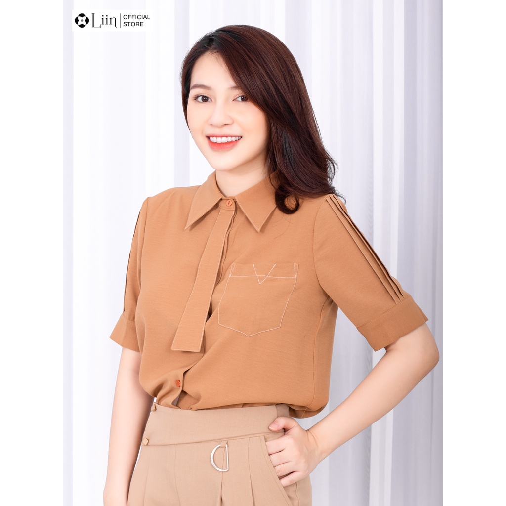 Áo sơ mi Linbi Cộc tay màu Nâu thiết kế kèm Cavat trẻ trung, hiện đại liin clothing SM3561