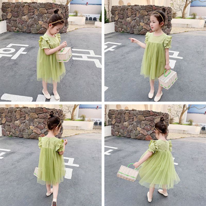Đầm Công Chúa Tay Cộc Phối Lưới Màu Sắc Trơn Thời Trang Mùa Hè Cho Bé Gái