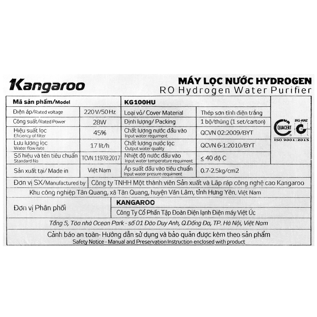 Máy lọc nước R.O Hydrogen Kangaroo KG100HU