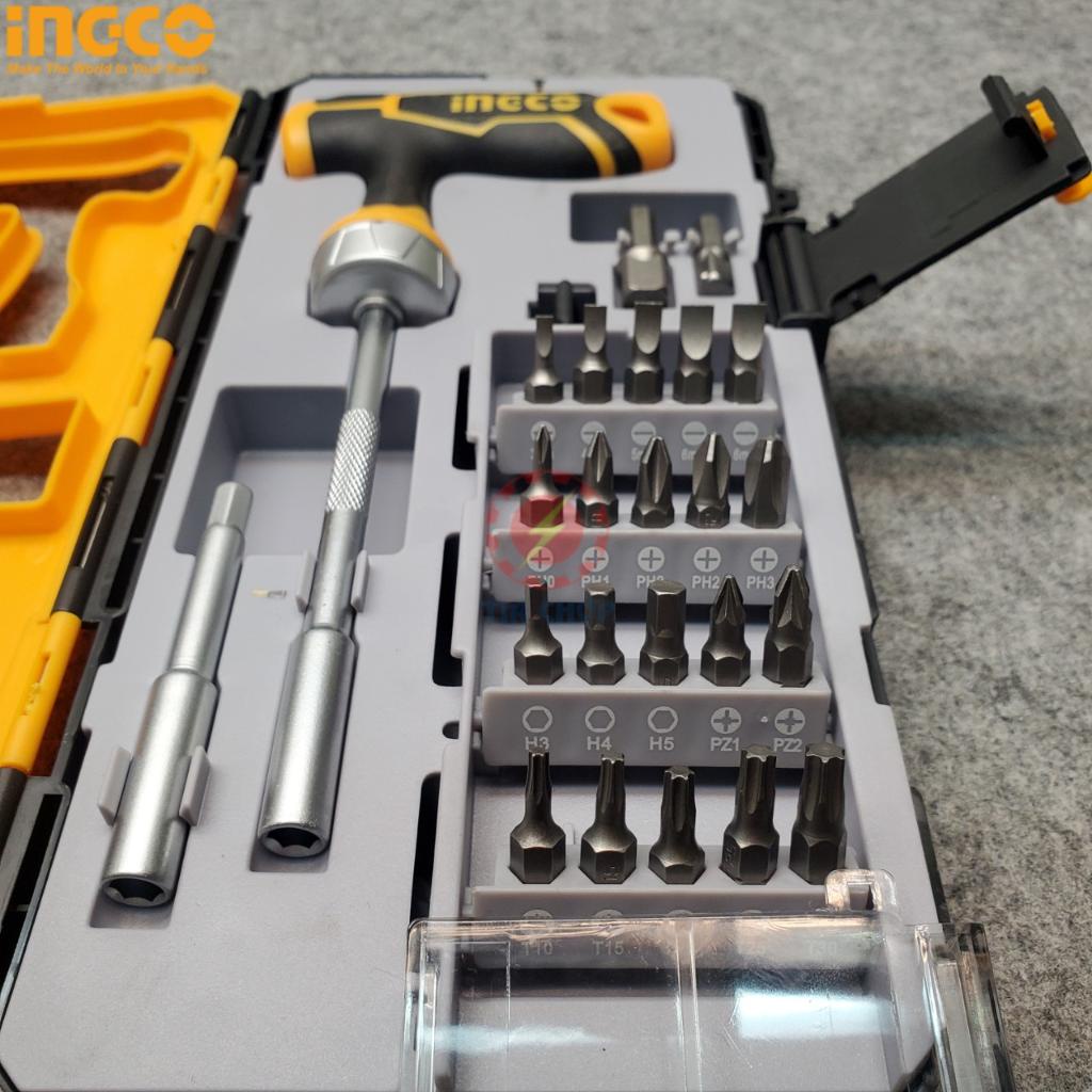 Bộ tua vít đa năng INGCO HKSDB0258 tay cầm chữ T 25 chi tiết, đóng mở 2 chiều tự động có nam châm