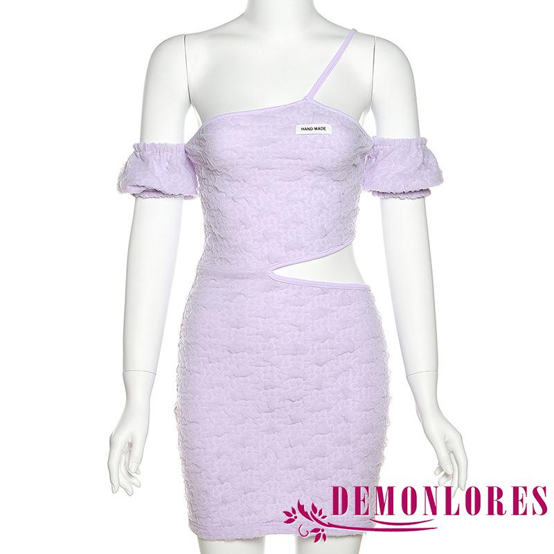 DEMQ-Women´s Cutout Bodycon Spaghetti Strap One Shoulder Letter Print Korean Style Dress