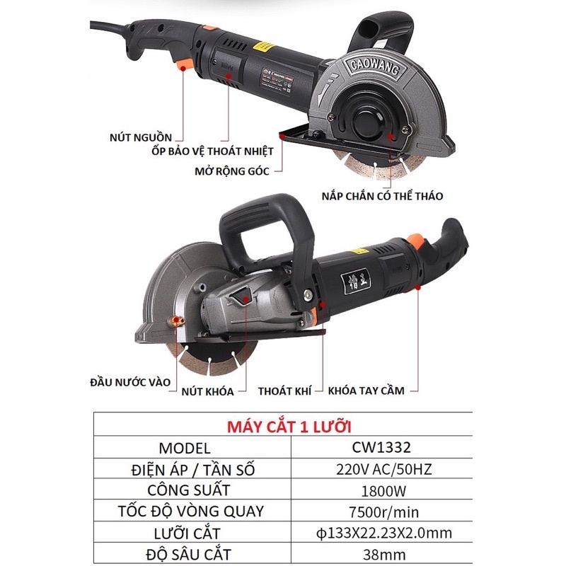 Máy cắt rãnh tường Caowang CW1332 - Công suất 1800W - Độ sâu cắt 40mm - Bảo hành 6 tháng