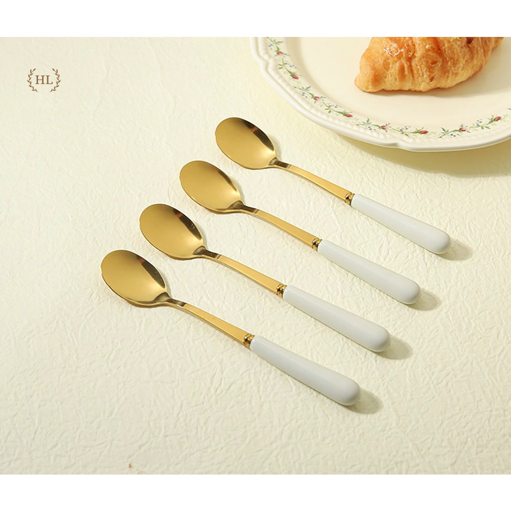Hũ sứ kẻ vàng kim kèm thìa nĩa | Combo 6 Muỗng, 6 Nĩa inox hoàng kim cán sứ kèm cốc sứ đựng kẻ vàng kim cao cấp