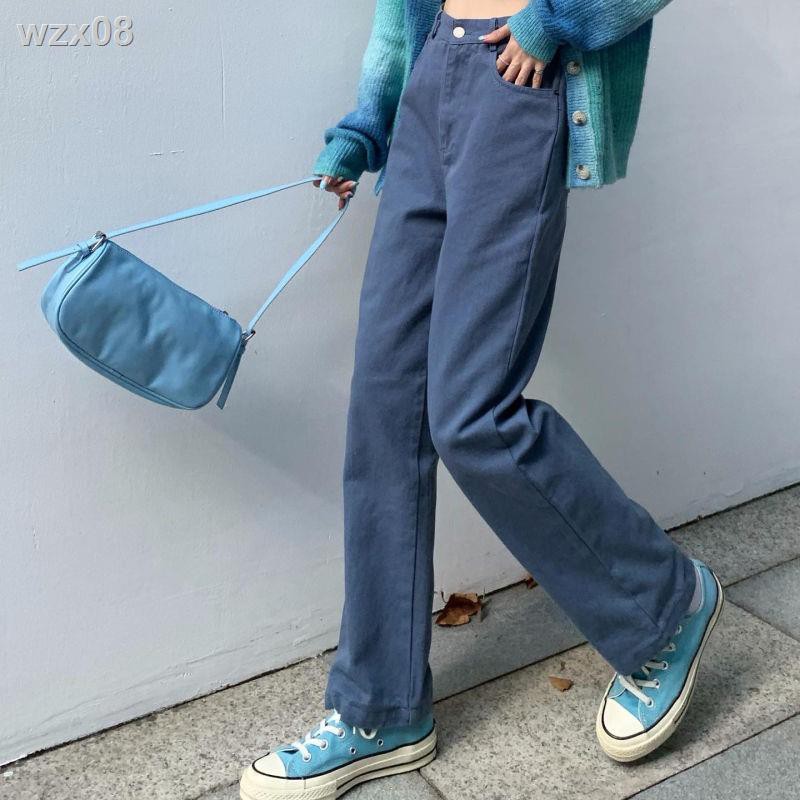 quần jean cạp cao ống rộng phong cách Hong Kong 100% cotton, mẫu mùa thu, thẳng và mỏng cho nữ sinh