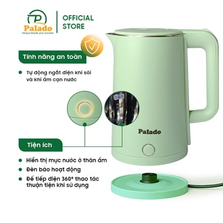 💥Ấm Siêu Tốc 2 lớp Palado 668A✅ 2,3lit - 1500w chống cháy tự động ngắt, ruột inox 304, màu xanh ngọc - HÀNG CHÍNH HÃNG