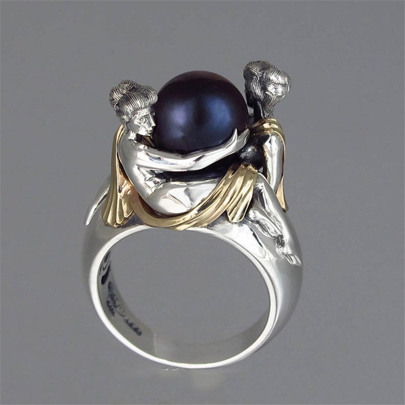 Nhẫn Đính Hôn Đính Hạt Ngọc Trai Đen Thanh Lịch Cho Nữ