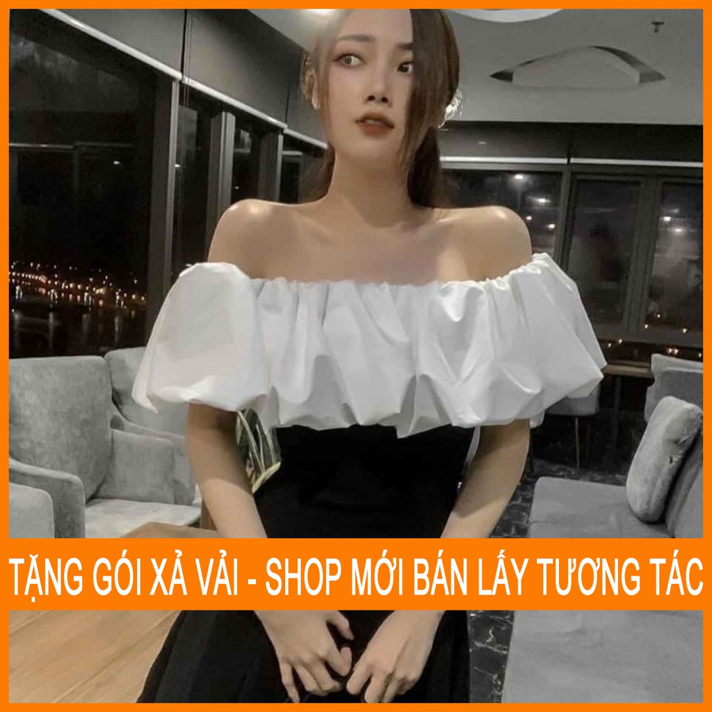 Váy  trắng tay bồng trễ vai dáng xòe tiểu thư/ Váy suông nữ dáng ngắn hàn quốc_Moonunisex