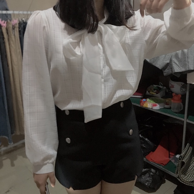 Set áo sơ mi nơ+ quần dạ 4 cúc