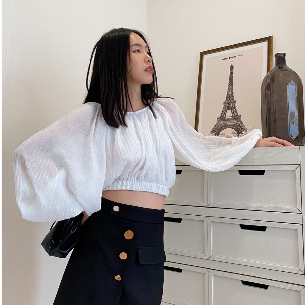 Áo Trắng Crop Top Tay Phồng EDINI - A1183