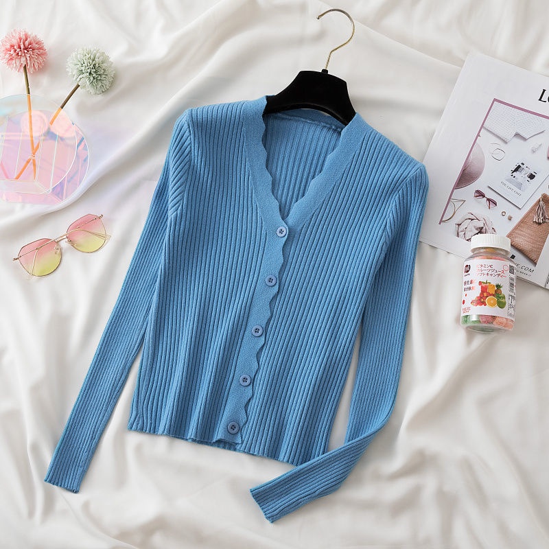 Áo cardigan Dệt Kim Tay Ngắn Cổ Chữ V Màu Trơn Cài Nút Đơn Giản Phong Cách Thời Trang Mùa Thu Mới Dành Cho Nữ