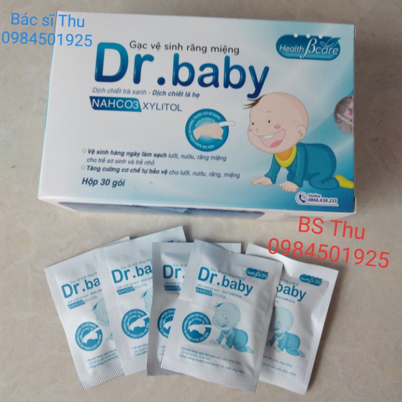 Gạc vệ sinh răng miệng Dr.baby (hộp 30gói) Dr Baby dịch chiết trà xanh- lá hẹ NaHCO3 Xylitol bảo vệ lưỡi-nướu-răng miệng