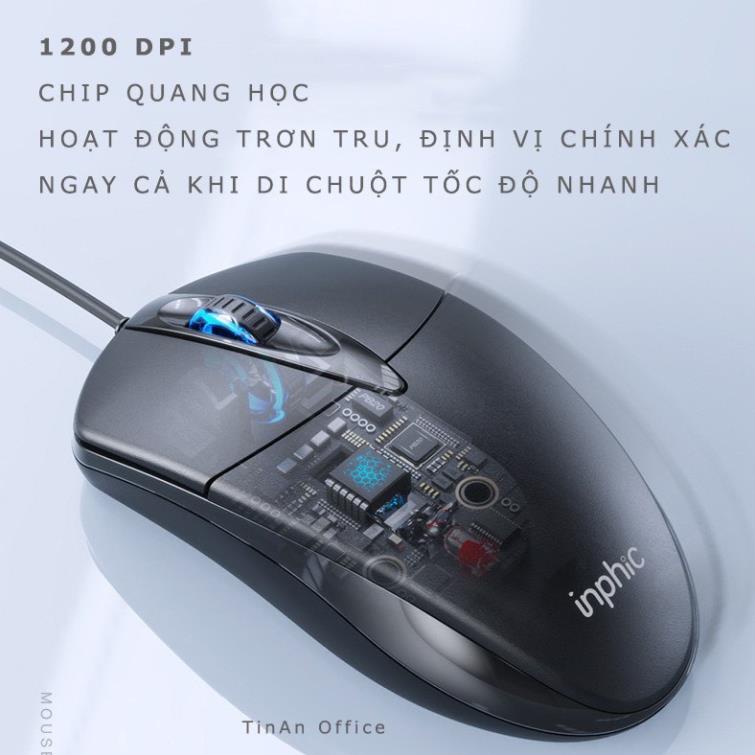 Chuột máy tính có dây văn phòng gaming Inphic PB20P Nút Bấm Cực Êm, Chống Ồn DPI 1200 chơi game cho laptop, PC