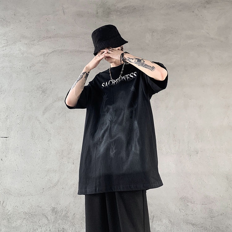 Áo Thun Ngắn Tay Dáng Rộng Màu Đen Thời Trang Mùa Hè Phong Cách Hip Hop Cá Tính Cho Nam