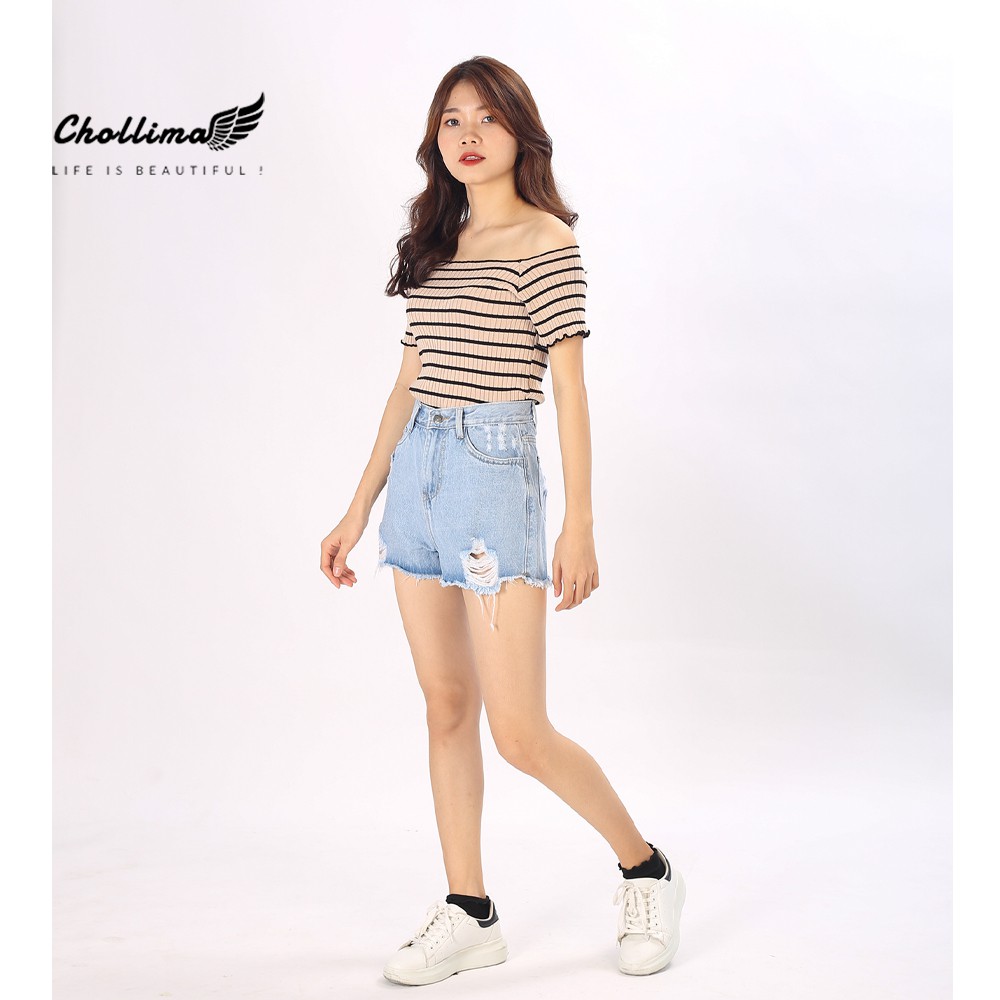 Quần short jeans nữ Chollima tua lai QS011 – quần sọc jeans nữ ulzzang phong cách hàn quốc