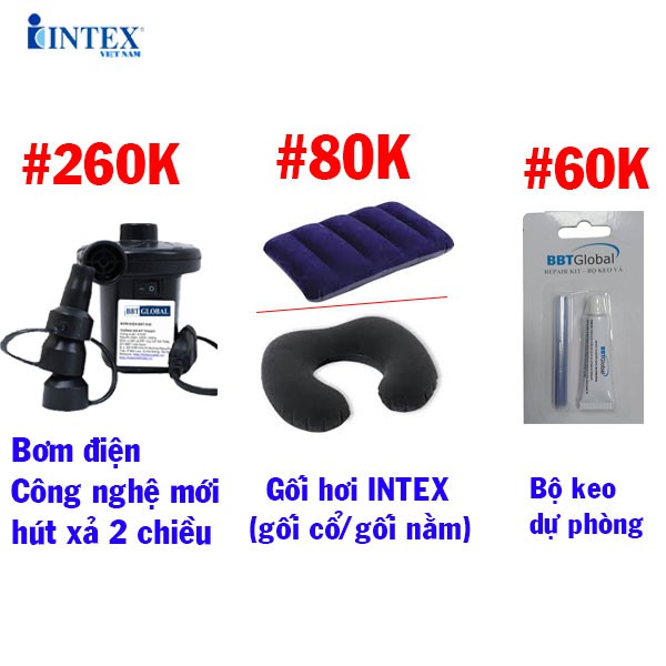 Bộ combo ghế hơi tựa lưng và đệm đôi 1m37 INTEX tặng kèm bơm điện + gối hơi + bộ vá