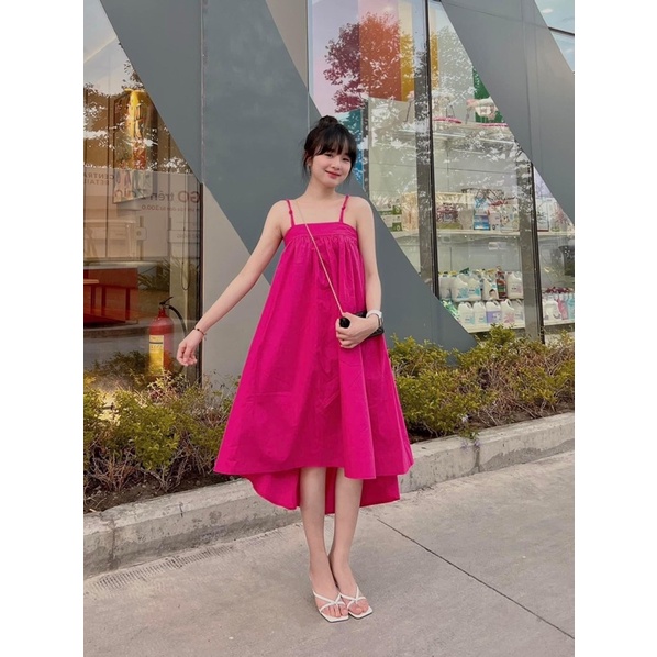 Váy hai dây trơn vạt lệch hottrend from rộng bầu bí mặc xinh