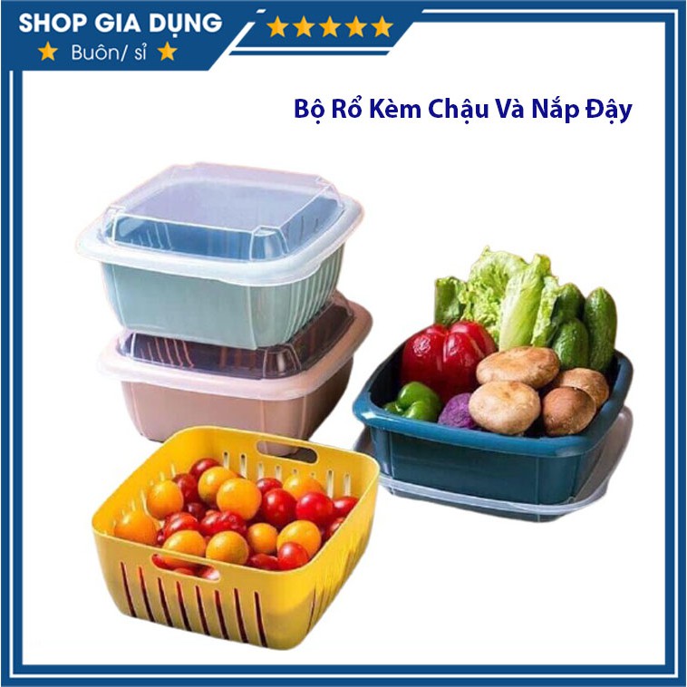 Bộ Rổ Kèm Chậu Đựng Rau Củ Quả Đa Năng Có Nắp Đậy - Hộp Đựng Thực Phẩm Trong Tủ Lạnh