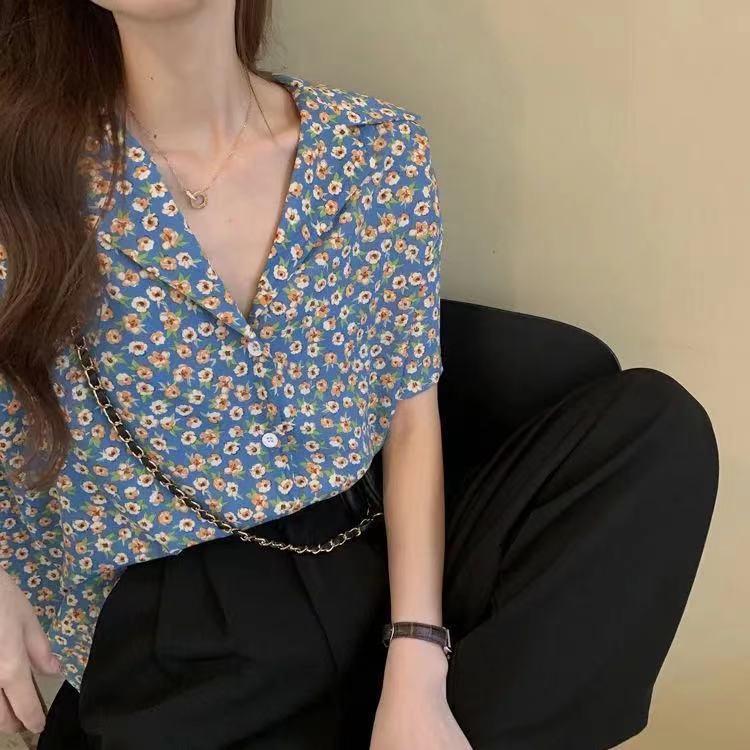 SUXI Áo sơ mi tay ngắn họa tiết hoa thời trang thanh lịch cho nữ