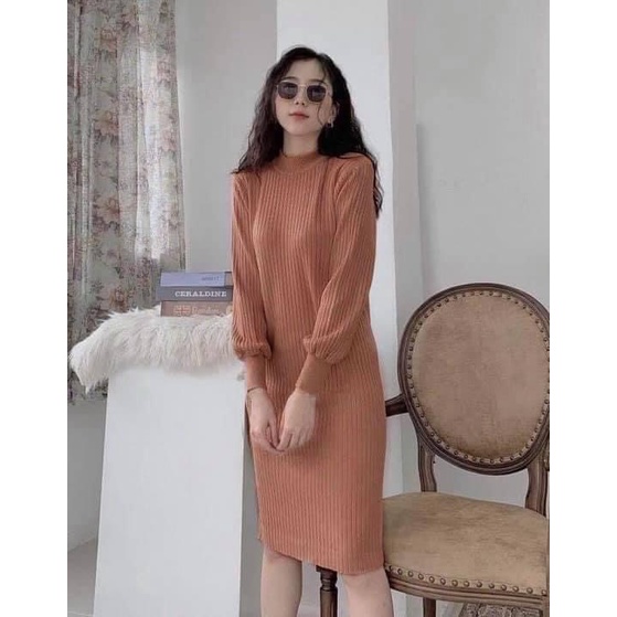 Váy dáng suông tay bo chun chất len tăm cổ cao Đầm dài cổ tròn | BigBuy360 - bigbuy360.vn