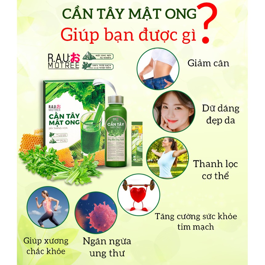 Cần tây mật ong chính hãng giảm cân, làm đẹp da, thanh lọc cơ thể, mua 3 hộp tặng 1 bình thủy tinh (Hộp 14 gói)