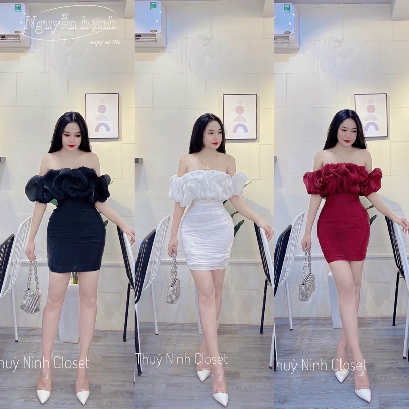 Váy body tơ gân nhũ bèo ngực trễ vai toàn tone sang .