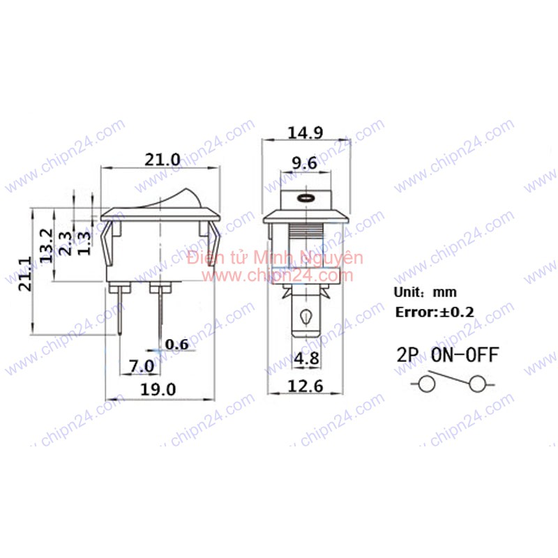 [5 CÁI] Công tắc bập bênh KCD1 ĐỎ 2 CHÂN 6A 250VAC 19x12mm