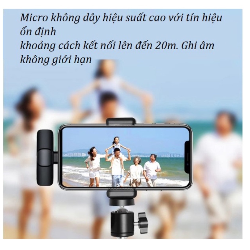 Mic Thu Âm Không Dây - Cài Áo, Lọc Tiếng Ồn, Thu Xa 20M, Dùng Cho Điện Thoại Android/IOS, Livestream, Quay Vlog, Thu Âm