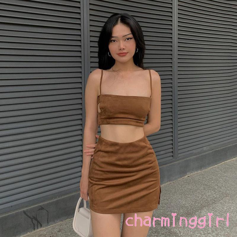 Set áo hai dây và chân váy ngắn lưng cao co giãn màu trơn thời trang mùa hè dành cho nữ